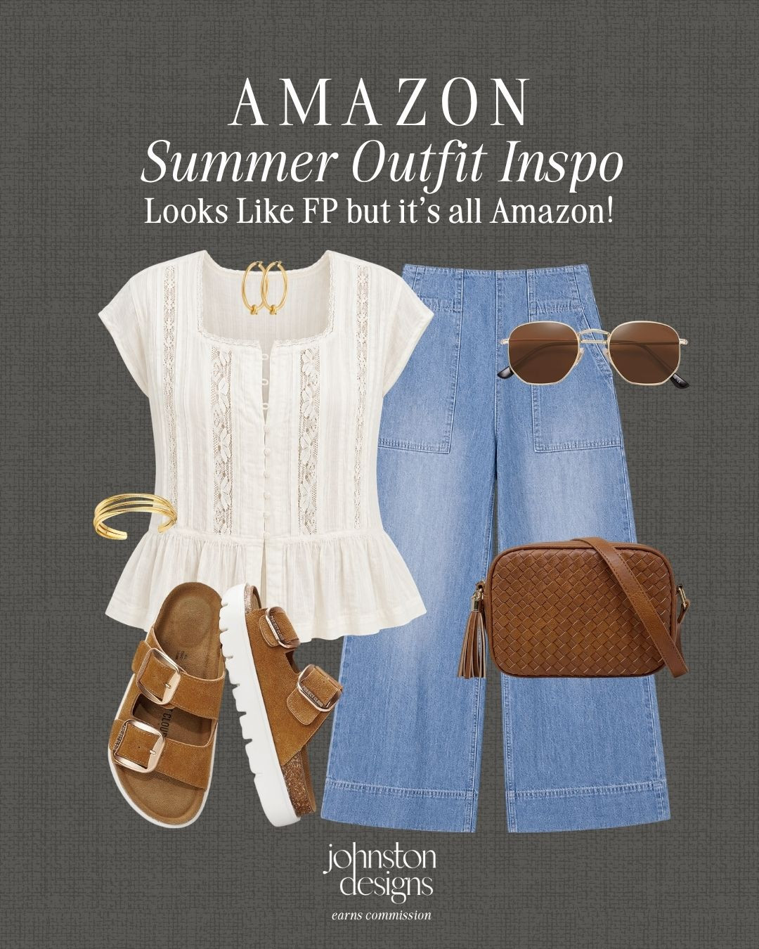Amazon summer outfit inspo with an FP-inspired look, breezy white top and easy denim pants. 🤎

Amazon summer outfit, Free People inspired style, white peplum blouse, wide leg denim pants, woven crossbody bag, brown buckle sandals, gold hoop earrings, gold cuff bracelet, casual summer look, everyday outfit inspo, affordable Amazon fashion, relaxed weekend style, neutral summer outfit, comfy chic finds, boho look 

 #LTKootd