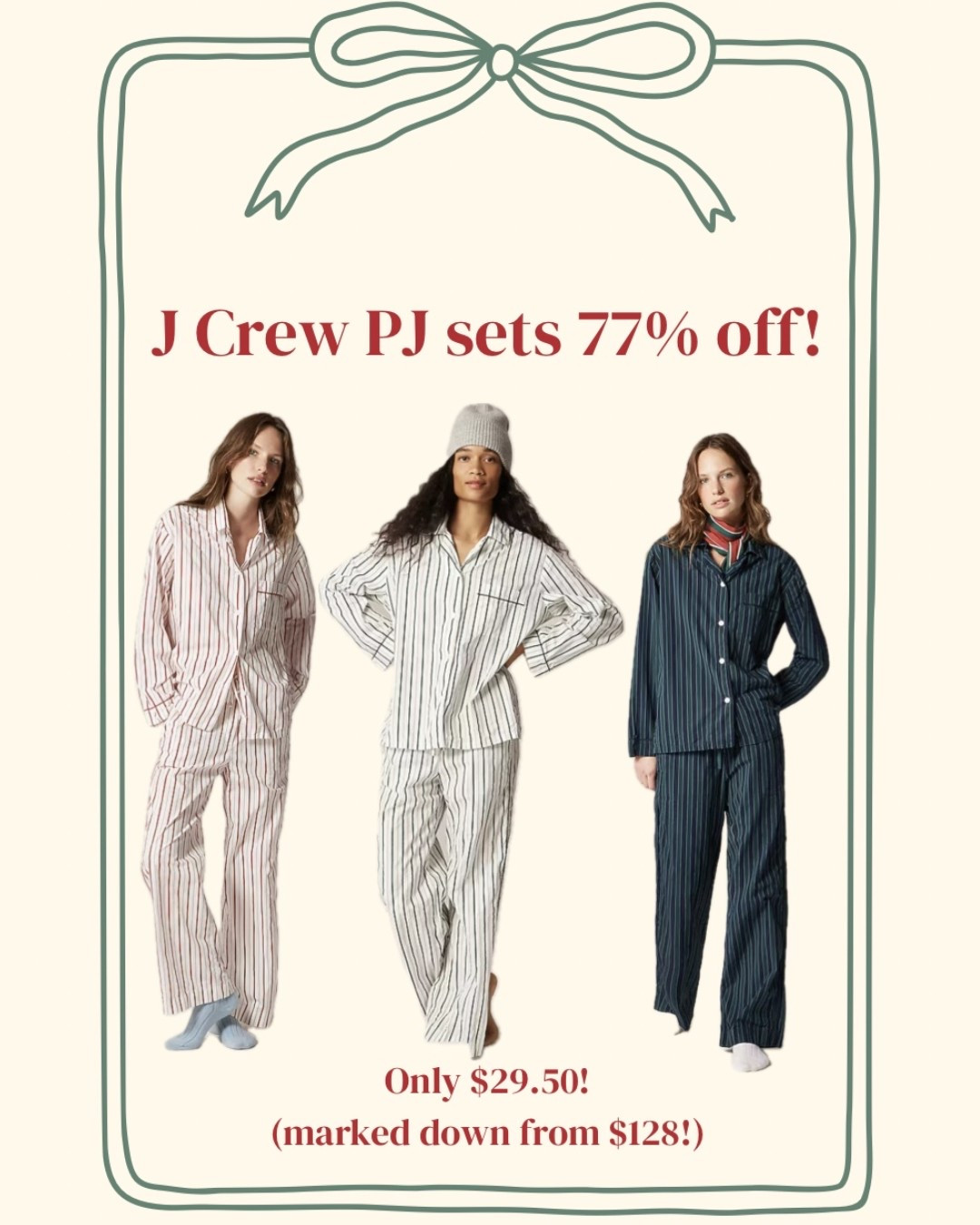 This is such a good deal! I don’t think I’ve ever seen their PJ sets priced this low. I just ordered the red & white striped pair for myself 🥰 I love that they’re 100% cotton and always beautiful quality.

#JCrew #JCrewSale #MajorDiscount #BigSale #PJsets #PajamaSets #WomensPajamas #CozyPJSets