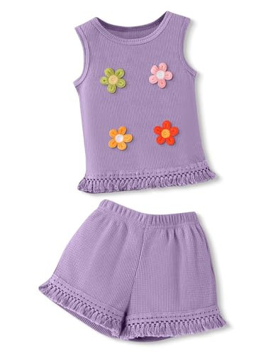 HSOXLQF Kids Girl Clothes Sleeveless Tassel Flower Top and Shorts Cute Girl Summer Outfits Set(5-6T) | Amazon (US)
