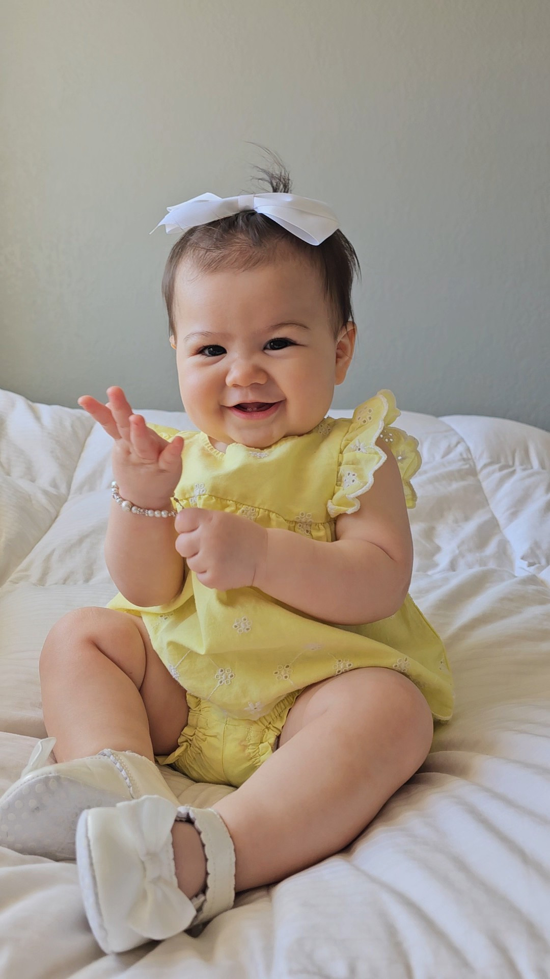 Baby girl light yellow eyelet set top and bloomers, spring outfit set, easter, summer outfit set, white bow clip, pearl sterling silver first communion bracelet, white bow patent shoes

#LTKootd #LTKBaby #LTKmomlife