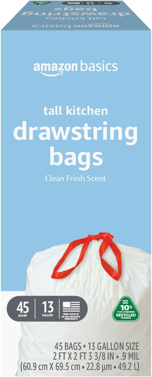 Amazon Basics 13 Gallon Tall Kitchen Drawstring Trash Bags, Clean Fresh Scent, 10% Post Consumer ... | Amazon (US)