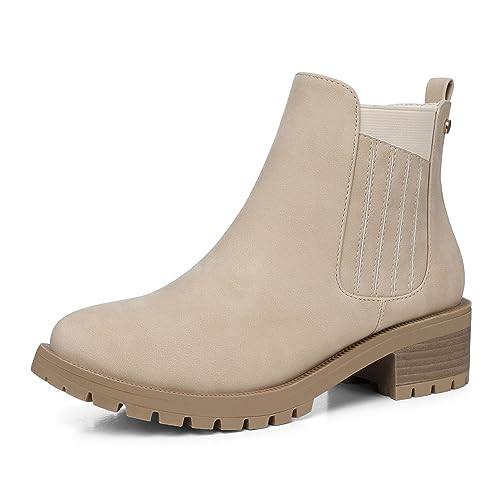 TEMOFON Women's Ankle Boots Chelsea: Fall Round Toe Booties - Chunky Platform Leather Boots with Zipper Apricot Size 6 | Amazon (US)