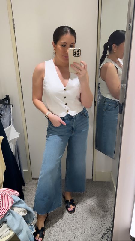 I’ve been on the hunt for a white vest and this one was perfect! Wearing medium here. Waist coats are so in this season.  Also, look for longer hems which look equally chic. 

Paired here with wide leg jeans. I sized up to size 10 and I love the fit and how comfortable they are. They have a raw hem and are cropped. 

#LTKover40 #LTKstyletip #LTKfindsunder50