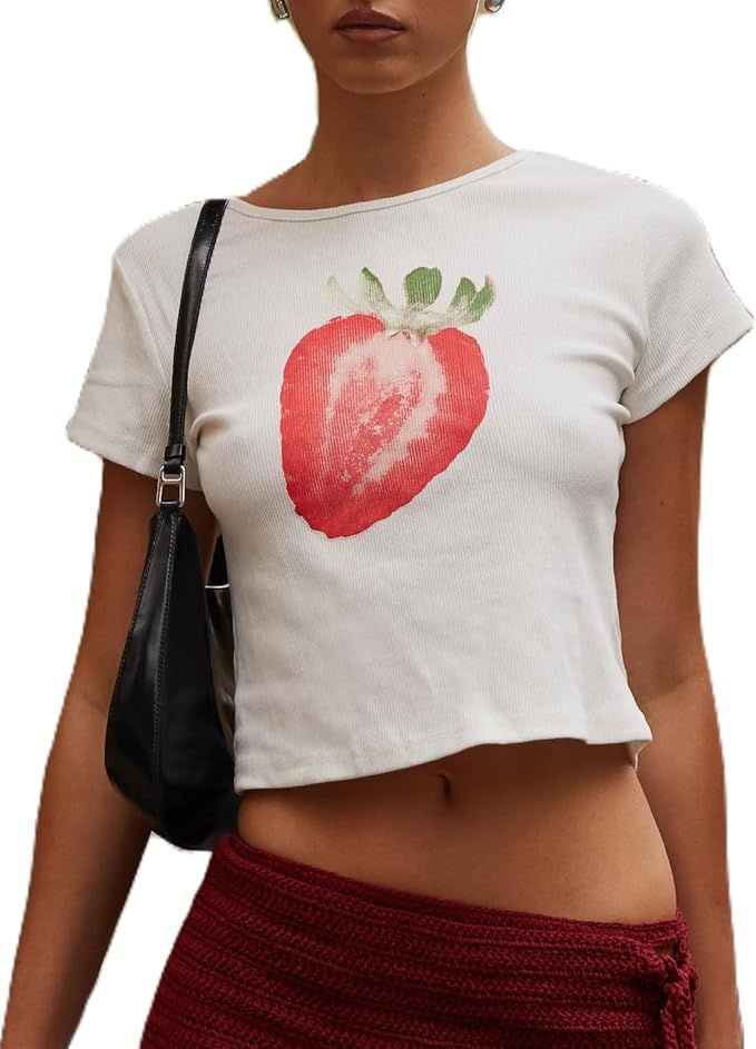 Y2K White Baby Tees for Women Cute Graphic Print Crop Top Coquette Aesthetic Slim Fit T Shirt for... | Amazon (US)