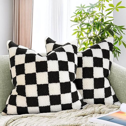 AmHoo Pack of 2 Decorative Throw Pillow Covers Checkerboard Luxury Super Soft Faux Fur Wool Set Case Cushion for Couch Sofa Bedroom 18 x 18-Inch Black | Amazon (US)