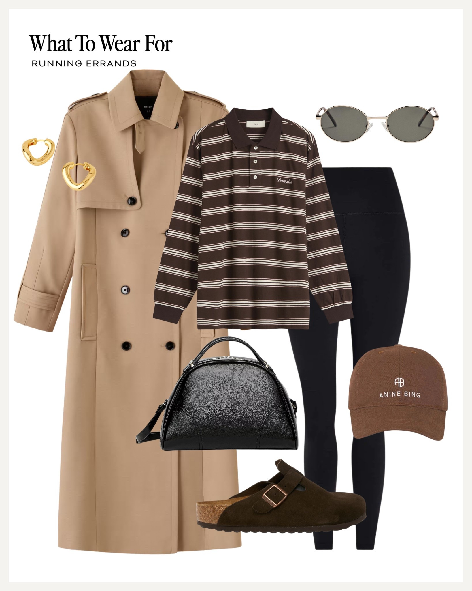 Running errands look 

Trench coat / striped rugby shirt / black bag / anine bing cap / black leggings / casual looks 

#LTKautumn #LTKuk