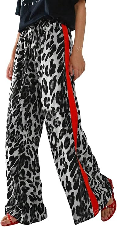 Women's Casual Pants Drawstring Leopard Print Color Block Side Striped Straight Leg Wide Leg Loos... | Amazon (US)