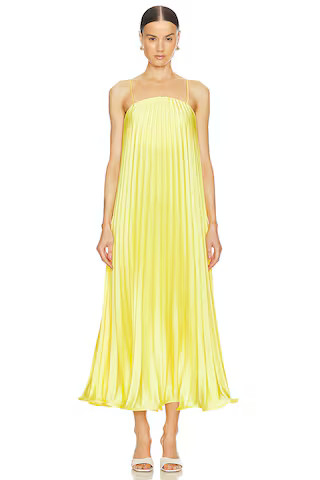 SELEZZA LONDON Gianna Pleated Midi Dress in Tuscany Yellow from Revolve.com | Revolve Clothing (Global)