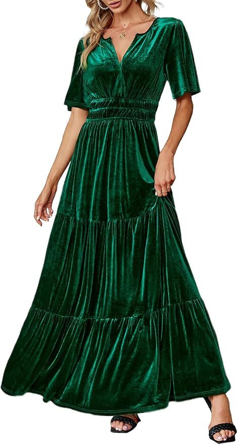 Amegoya Women's Velvet Short Sleeve V Neck Formal Wedding Guest Maxi Dresses Fall Evening Party L... | Amazon (US)