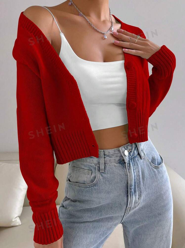 SHEIN MOOSTA 1pc Button Front V Neck Cardigan For New Year Clothes,Long Sleeve Tops | SHEIN