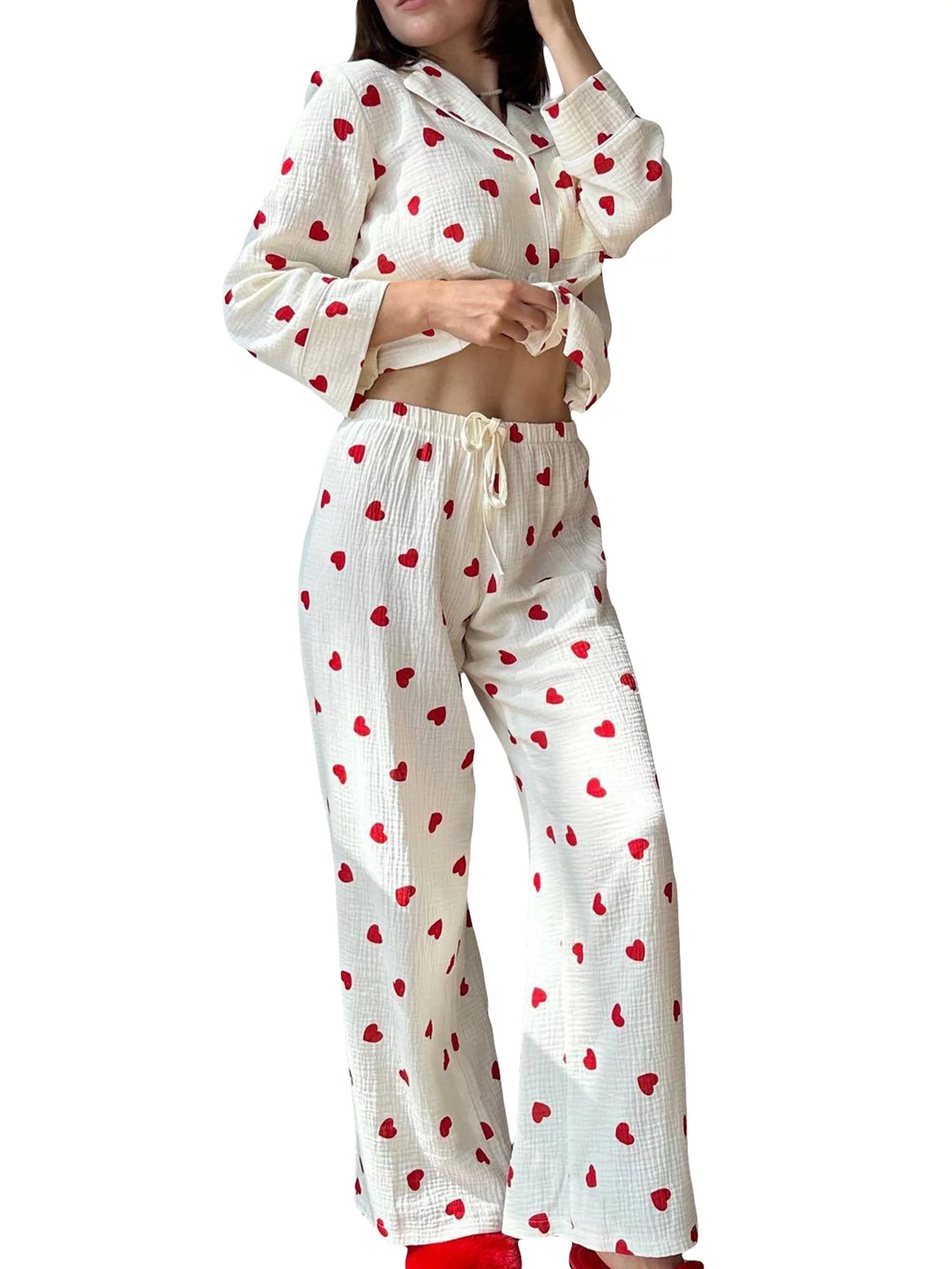 ELF Women 2 Pcs Valentine's Day  Pajama Set,Heart Print Long Sleeves Button Shirt and Elastic Pan... | Walmart (US)
