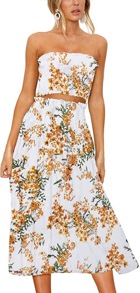 Angashion Women's Floral Crop Top Maxi Skirt Set 2 Piece Outfit Dress | Amazon (US)