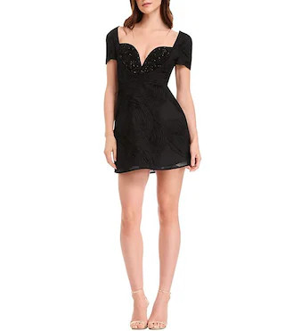 Dress the Population Short Sleeve Tulle Sequin Beaded Neckline A-Line Mini Dress | Dillard's | Dillard's