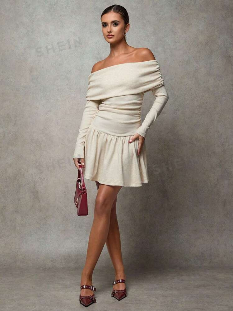 SHEIN BAE Women's Solid Color Off-Shoulder Ruffle Pleated Elegant Long Sleeve Dress Hollowed Cost... | SHEIN