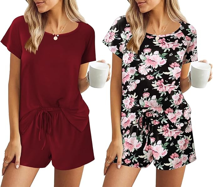 Ekouaer 2 Pack Womens Pajama Sets Short Sleeve Sleepwear Soft Crew Neck Pj Shorts Set Printed Lou... | Amazon (US)