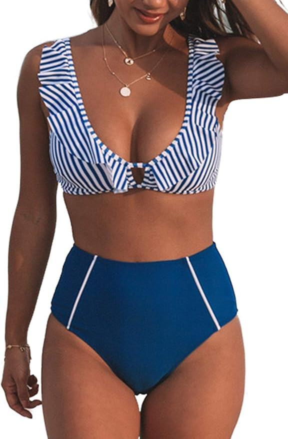 CUPSHE Women's Two Piece High Waisted Ruffle Floral Bikini Set | Amazon (US)