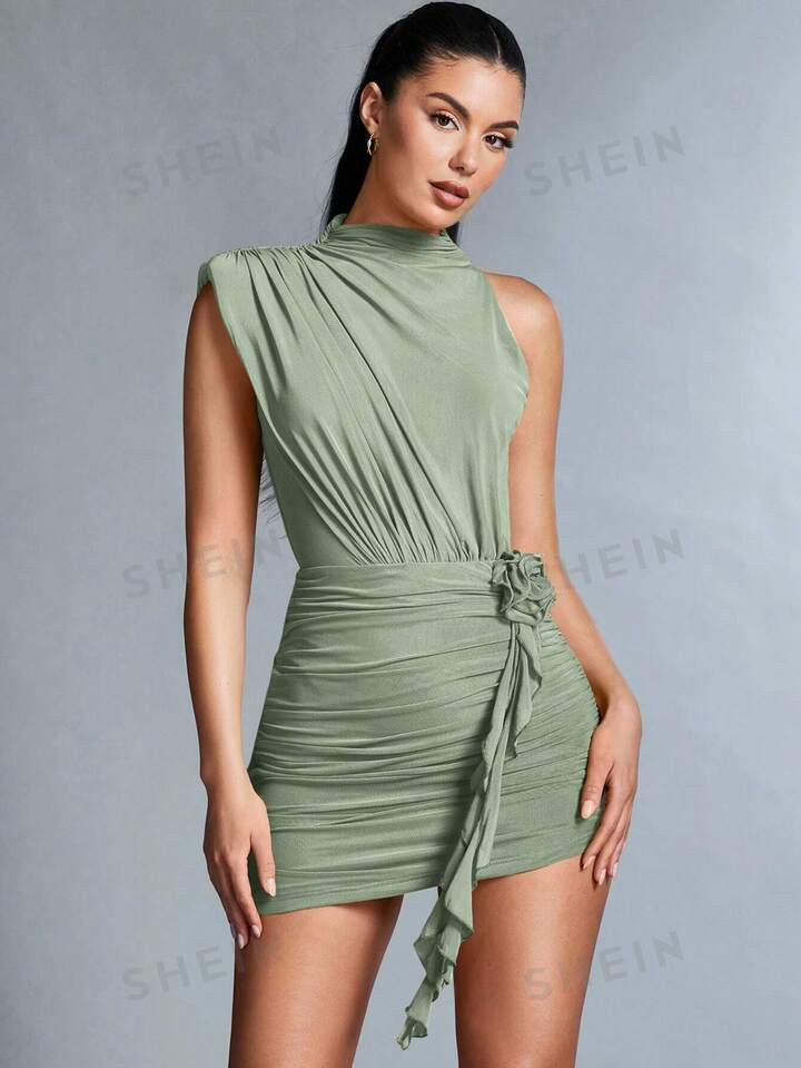 SHEIN BAE Women's Stylish Notched Collar Dress With Shoulder Cut-Outs And Pleats | SHEIN USA | SHEIN