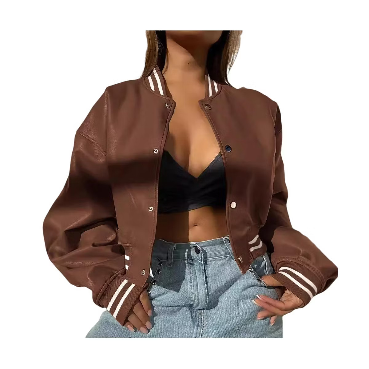 Women's Fashion Leather Motorcycle Jacket Snap Button Down Outfits Ribbed Cuff Baseball Collar Cr... | Target