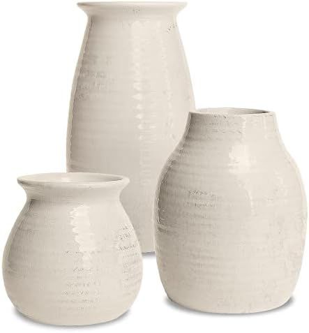 White Vases for Decor - Rustic Home Decor, Modern Farmhouse Decorations - Ceramic Vase for Fireplace | Amazon (US)