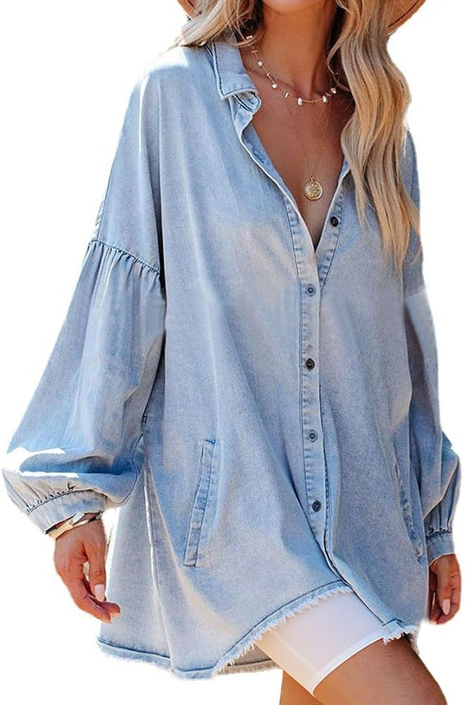 loveimgs Women Oversized Distressed Denim Button Down Shirt Tunic Dress Flowy Mini Jean Dress wit... | Amazon (US)