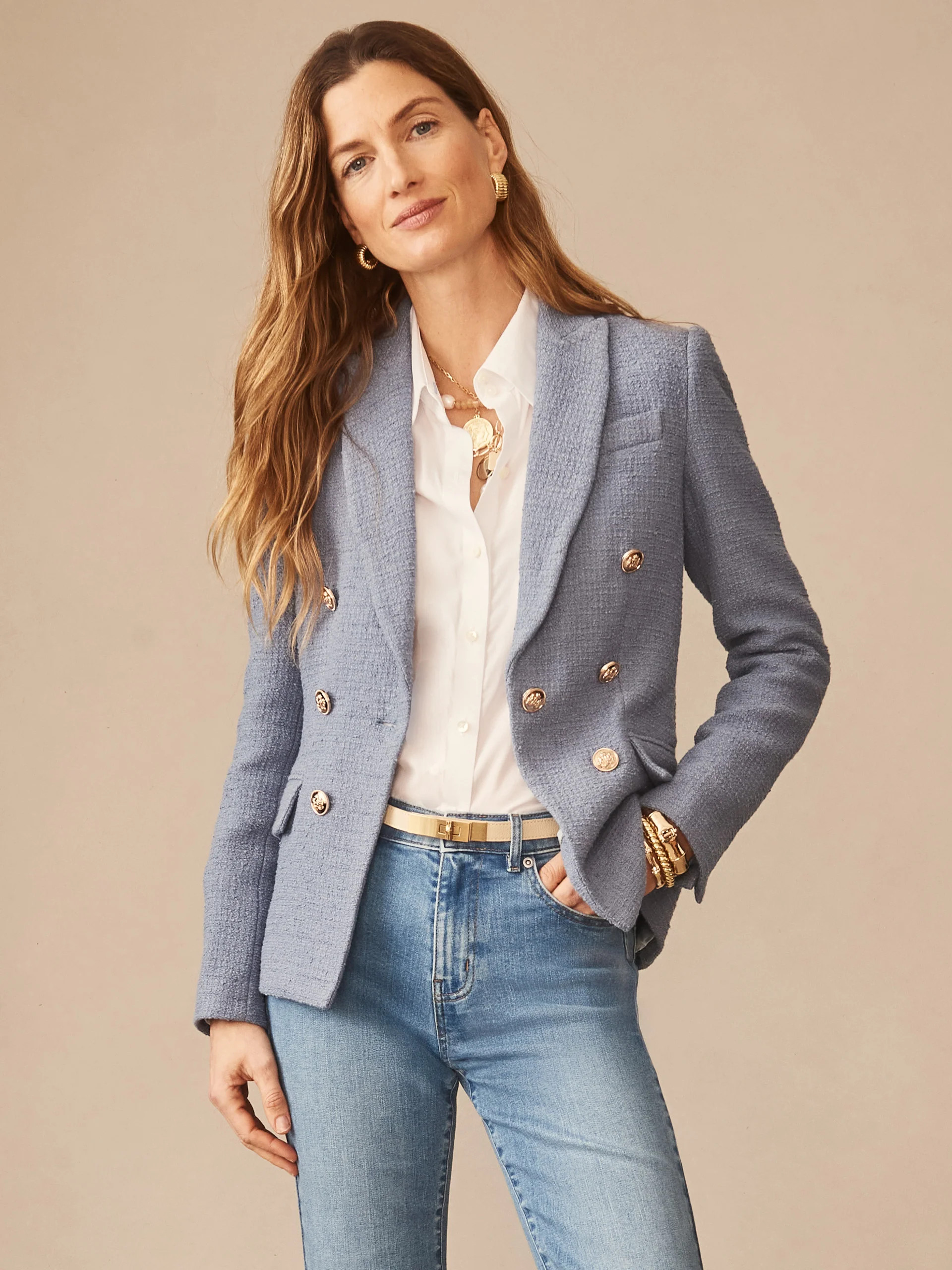Frost_Blue Solid Genevieve Cotton Boucle Blazer | Women's Jackets & Outerwear | J.McLaughlin | J.McLaughlin