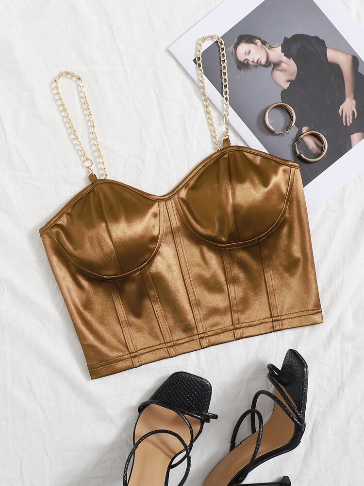 Chain Detail Silky Bustier Cami Crop Top | SHEIN