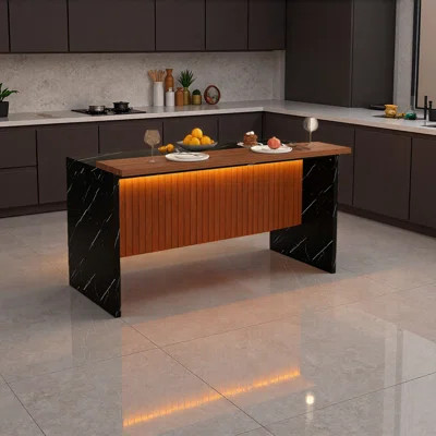 63" Modern Kitchen Island With Marble-Look Surface, LED Lights & Grille Design For Dining Room, Living Room | Wayfair North America