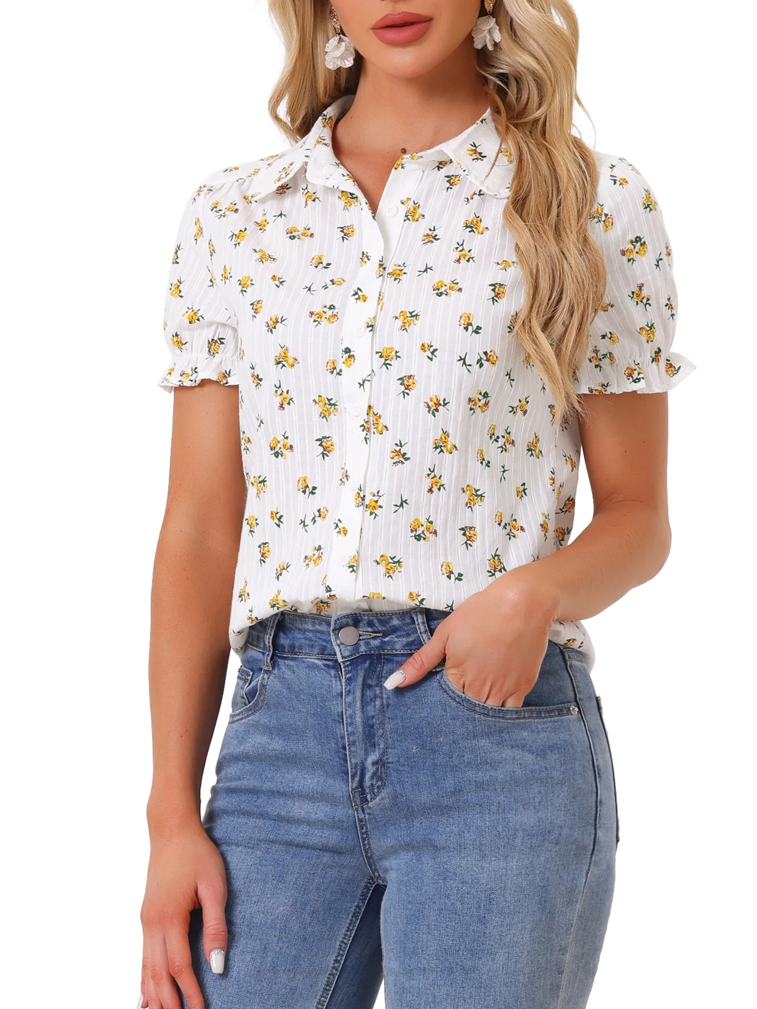 Allegra K Women's Floral Top Peter Pan Collar Cotton Short Sleeve Shirt | Walmart (US)