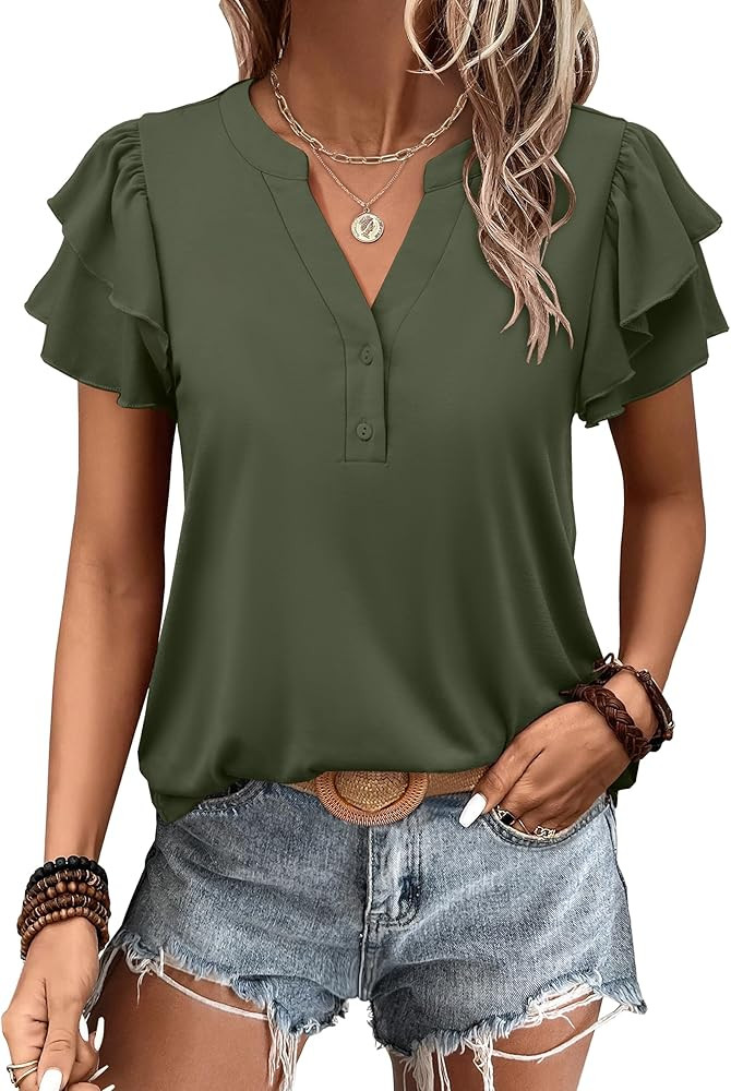 ANRABESS Womens Tops Dressy Casual Ruffle Short Sleeve V Neck Blouses Summer Button Down Business... | Amazon (US)