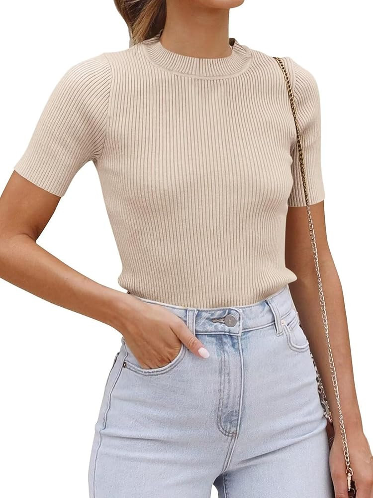 Micticsi Womens Short Sleeve Square Neck T Shirt Ribbed Knit Slim Fit Tee Tops | Amazon (US)
