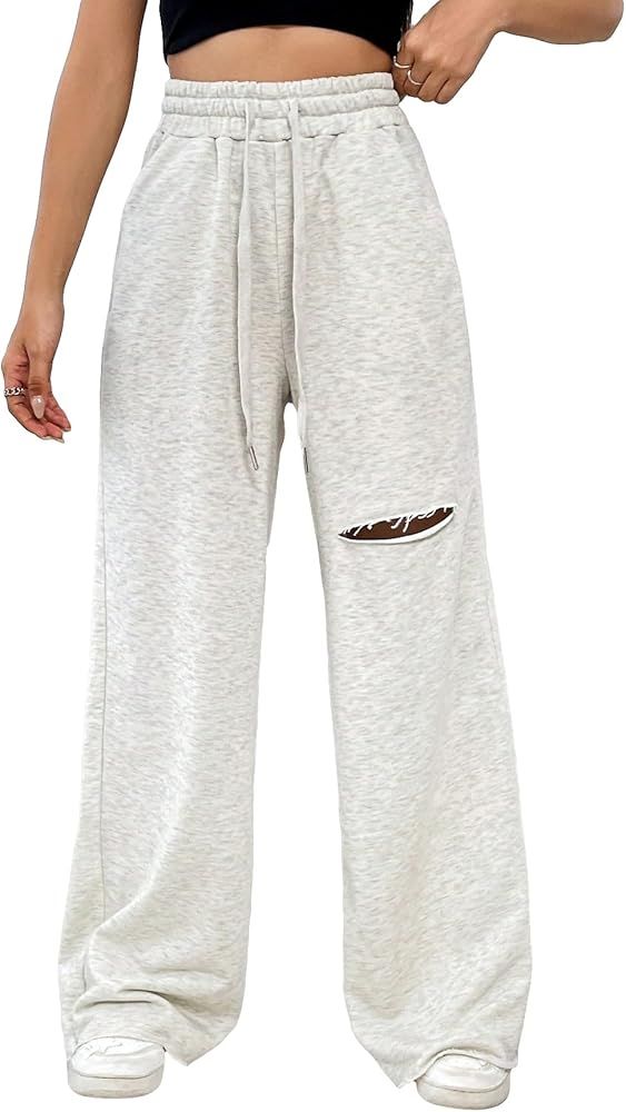 MakeMeChic Women's Elastic High Waist Ripped Baggy Straight Wide Leg Sweatpants | Amazon (US)