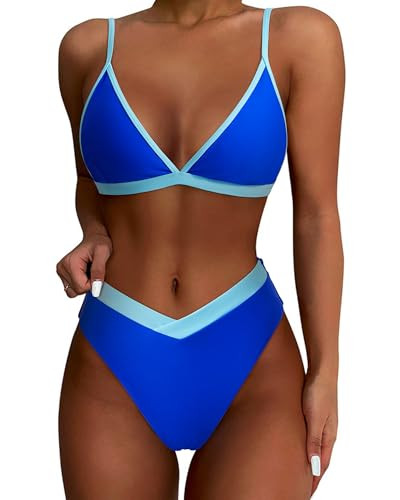 SUUKSESS Women Triangle High Cut Bikini Sets Sexy High Waisted Color Block Two Piece Swimsuits Push Up Bathing Suits(Neon Royal Blue,M) | Amazon (US)
