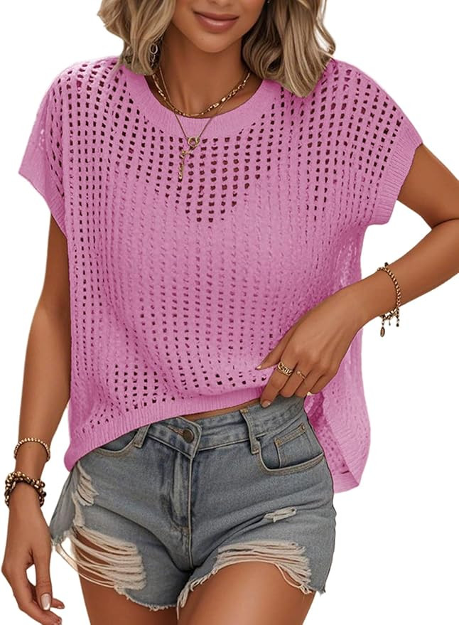 Womens Summer Crochet Tops Hollow Out Cap Sleeve Cover Up Tank Top Pullover Sweater Vest Beach Va... | Amazon (US)