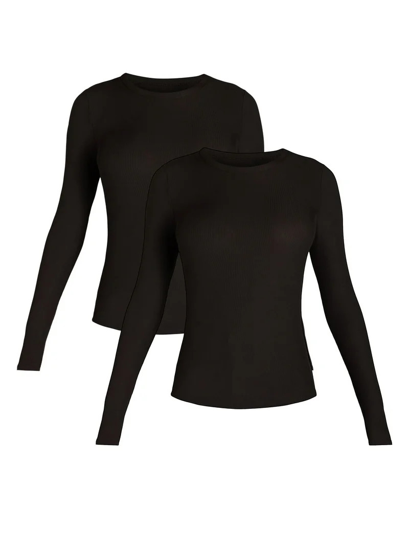 No Boundaries Ribbed Crewneck Tee with Long Sleeves, Women's & Women's Plus XXS-4X | Walmart (US)