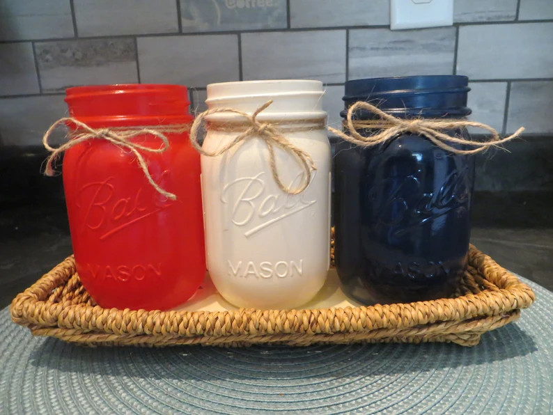 SET, 3 Red White Blue Mason Jars,patriotic, 4th of July Decor,memorial Day Decoration,flag,countr... | Etsy (US)