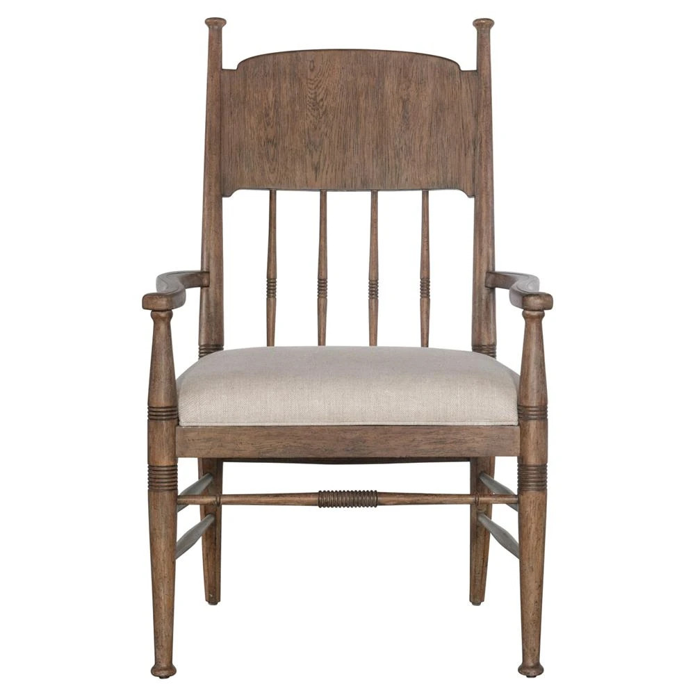 Leo Updated Traditional Beige Performance Brown Oak Windsor Dining Arm Chair | Kathy Kuo Home