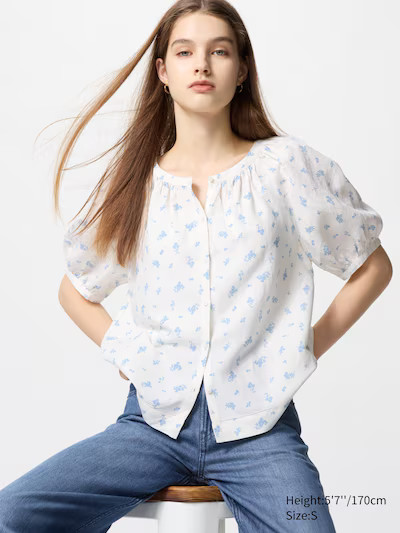 Linen Blend Volume Sleeve Blouse | Printed | UNIQLO US | UNIQLO (US)