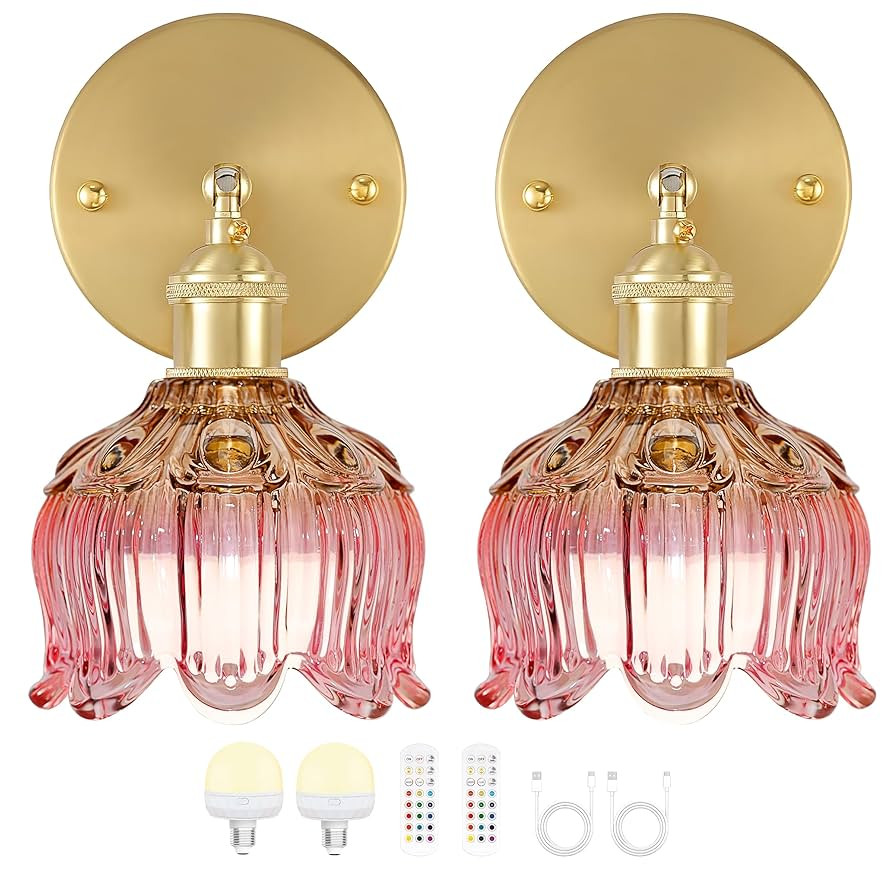 Vintage Battery Operated Wall Sconce with Flower lampshade,Rechargeable Battery Powered Wall Ligh... | Amazon (US)