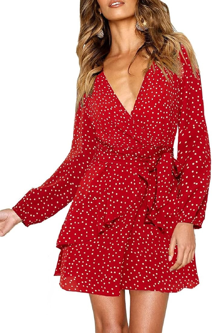 UGUEST Women Long Sleeve V Neck Dress, Floral Mini Cocktail Party Wedding Guest Dress with Belt | Amazon (US)