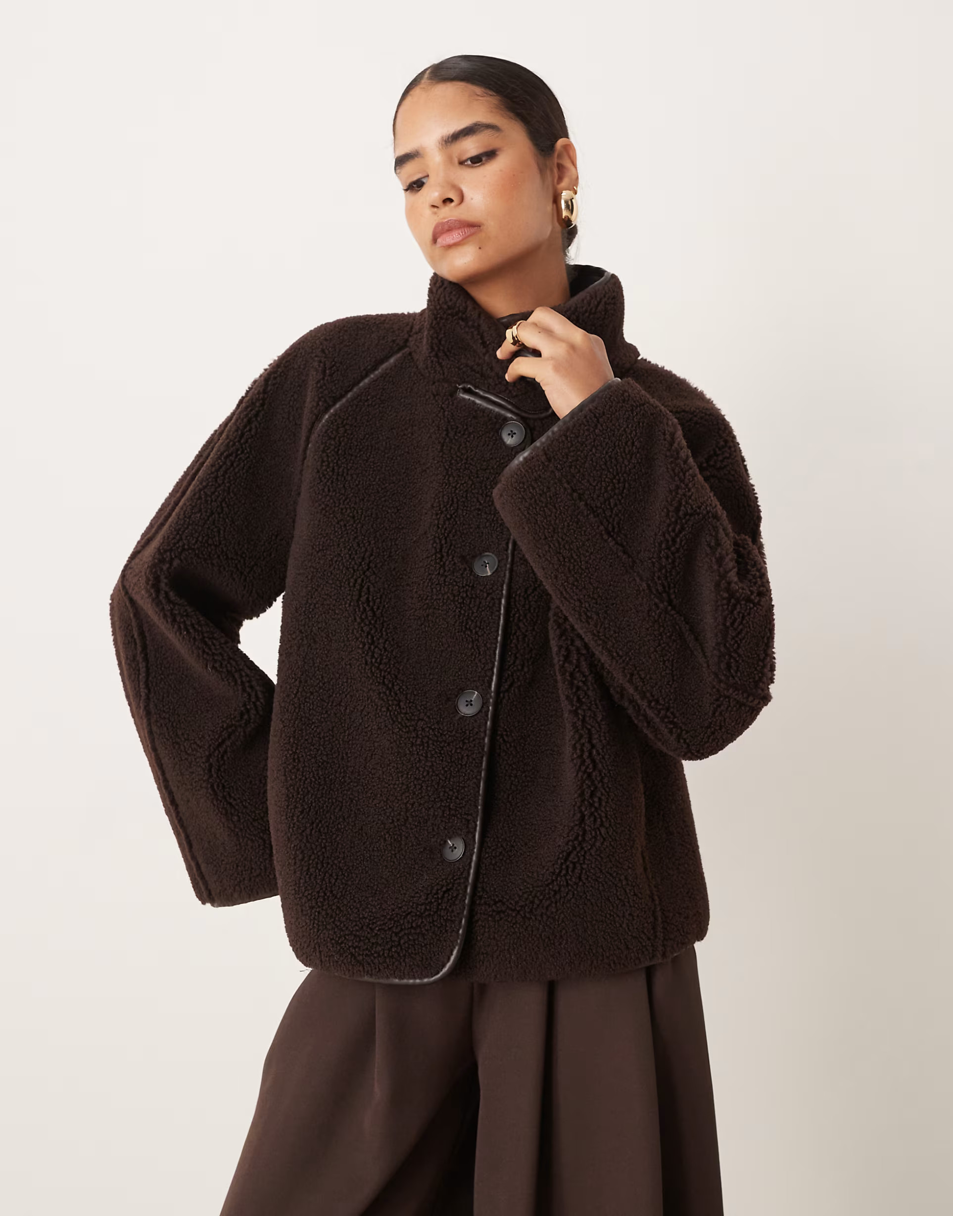 Gina Tricot oversized reversible borg jacket with high funnel neck in dark brown with edging | AS... | ASOS (Global)