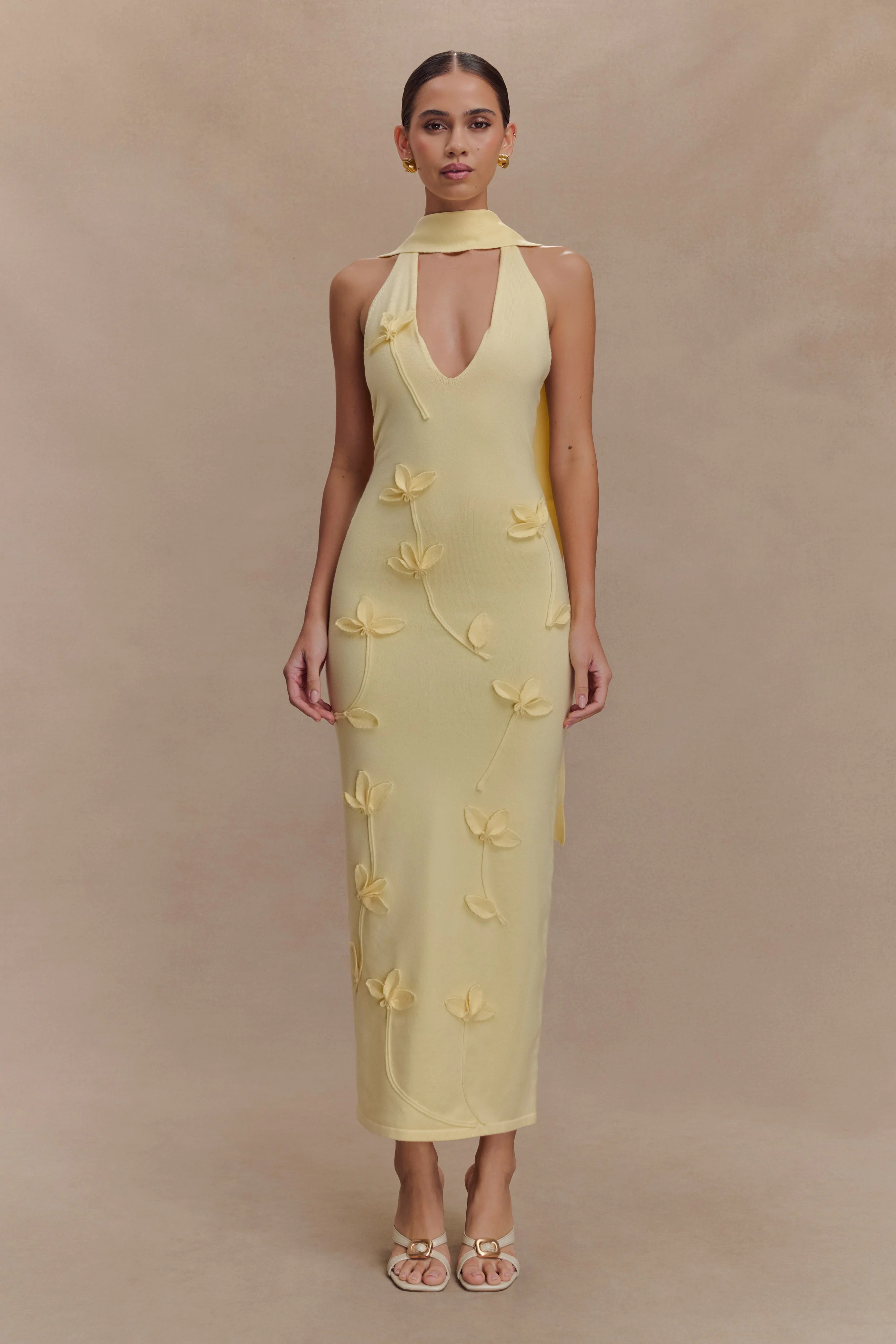 Wynn Floral Knit Midi Dress - Lemon | MESHKI US