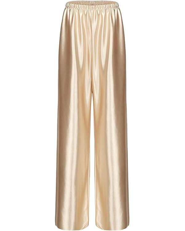 Women Satin Wide Leg Dress Pants Silk Casual Dressy Long Flowy Pants Elastic High Waisted Trouser... | Amazon (US)