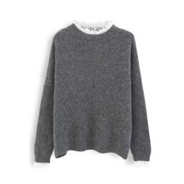 Lacy Details Fuzzy Knit Sweater in Grey | Chicwish