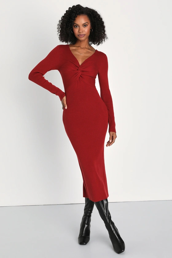 Autumn Love Rust Red Twist-Front Long Sleeve Midi Sweater Dress | Lulus (US)