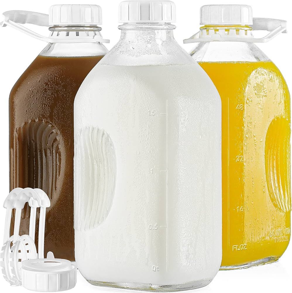 3 Pack 64 Oz Heavy Duty Glass Milk Bottle with Reusable Airtight SCREW LID, 2 Qt Glass Water Bott... | Amazon (US)