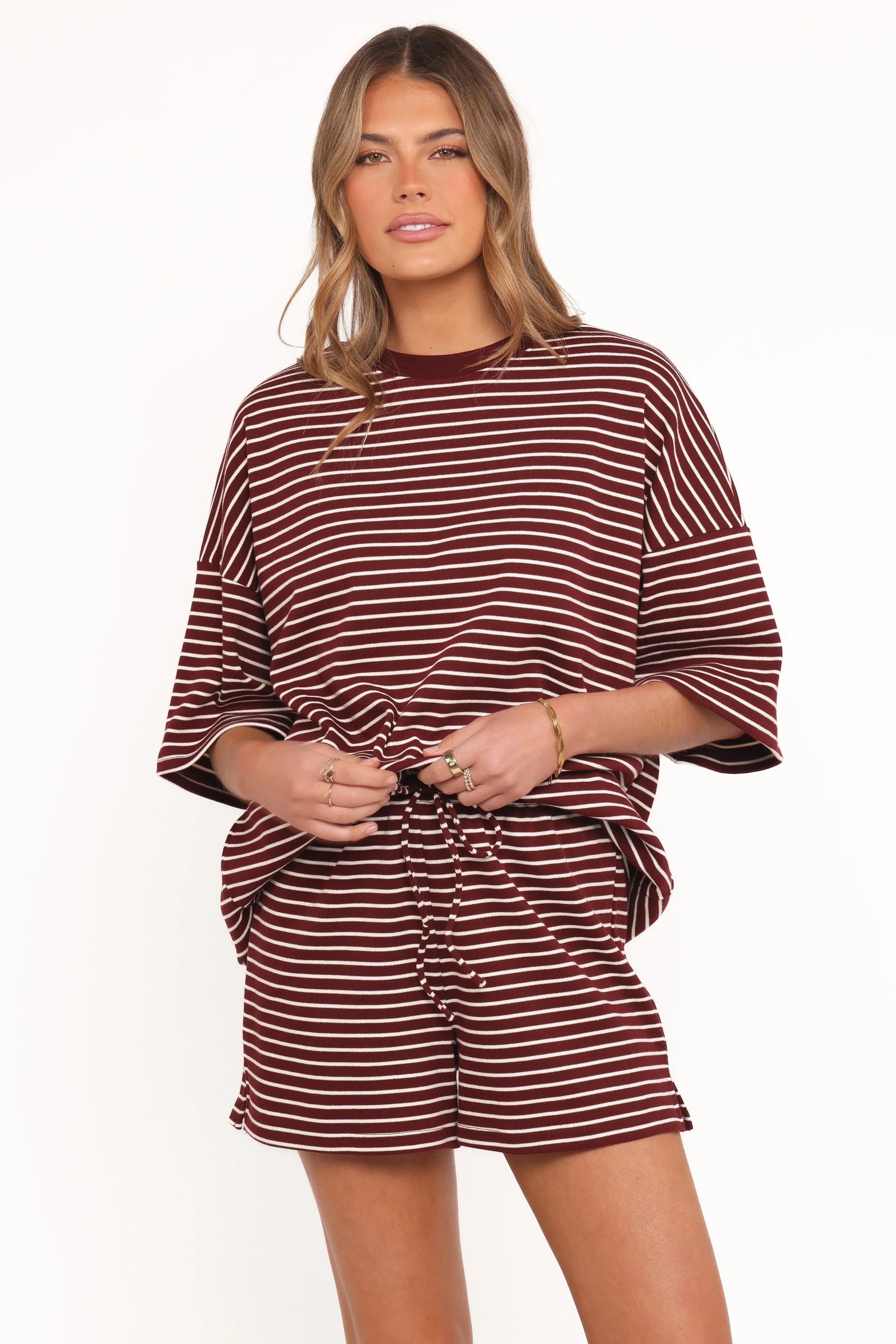 Hellen Stripe Short Set - Burgundy Cream Stripe | Petal & Pup (US)