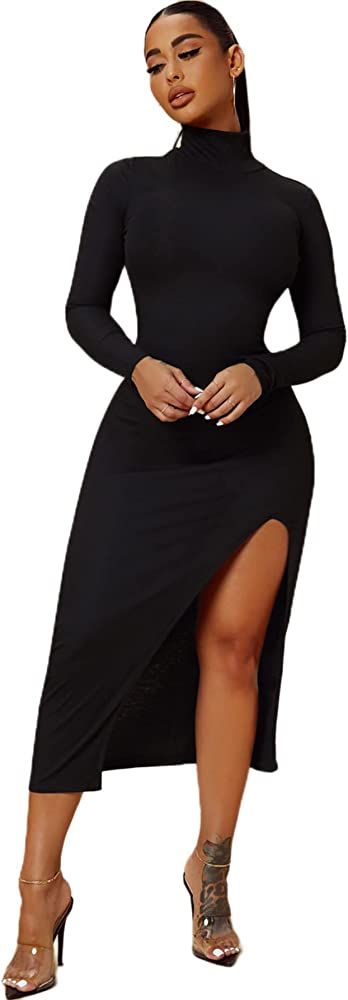 COZYEASE Women's Basic Turtleneck Long Sleeve Solid Slit Hem Midi Pencil Dress | Amazon (US)