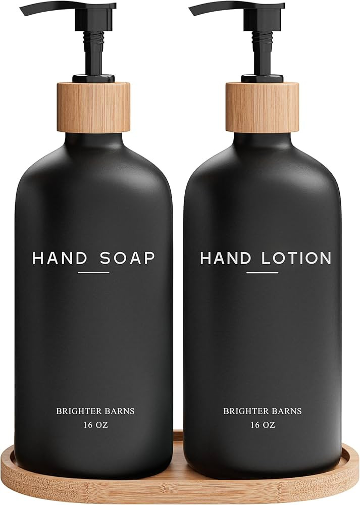 Black Glass Soap and Lotion Dispenser Set with Tray by Brighter Barns - Liquid Hand Soap Dispense... | Amazon (US)