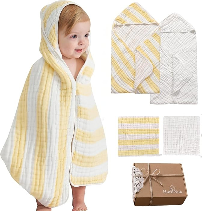 4-Pack Muslin Hooded Baby Bath Towel Set - 100% Organic Cotton, (2) 6-Layer 32x32 Towels & (2) Wa... | Amazon (US)
