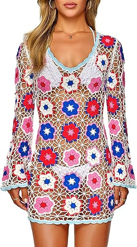 FAIRY SEASON Women's Crochet Beach Cover Up Dress Boho Bell Sleeve 3D Camellia Embroidery for Vac... | Amazon (US)